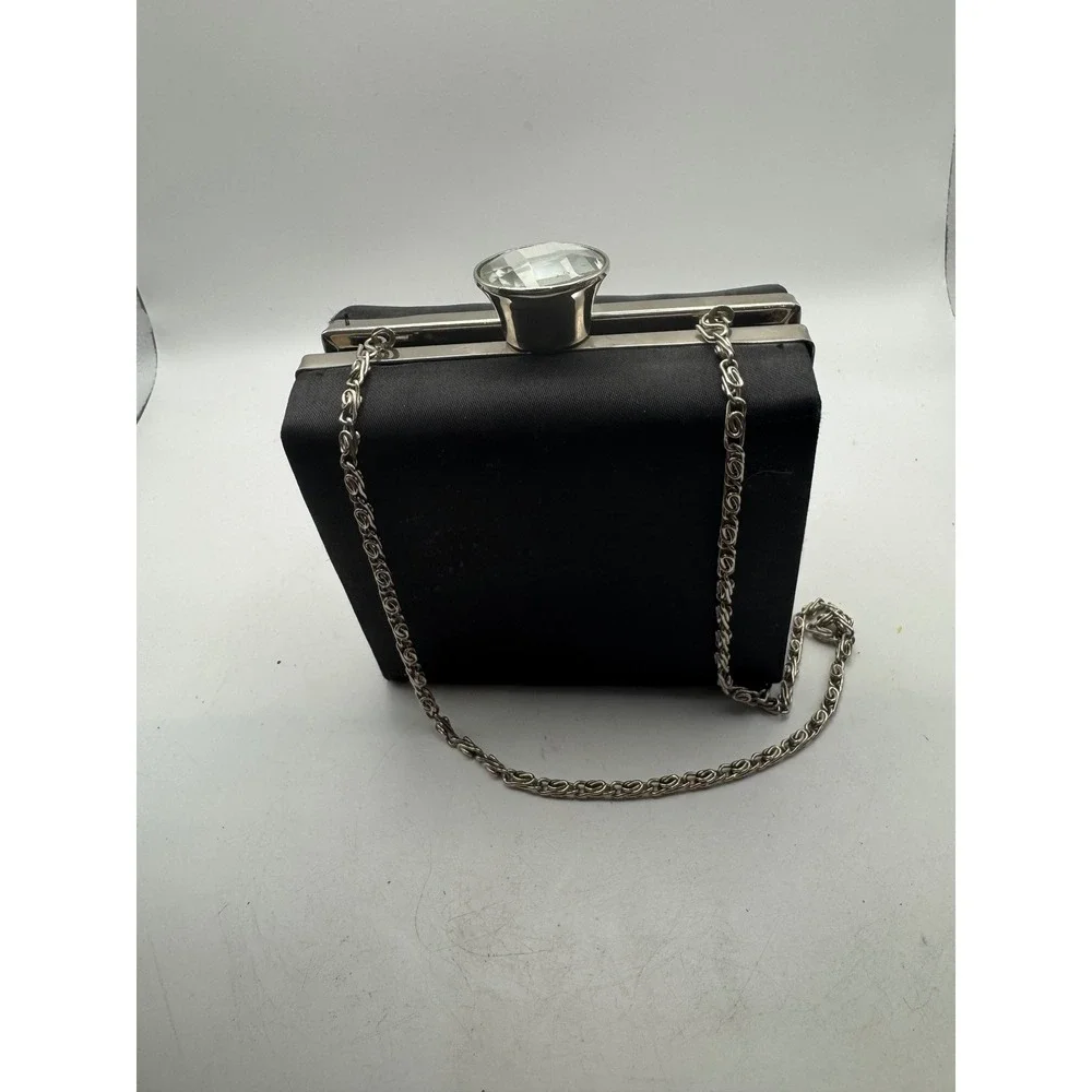 Black Satin Box Clutch Evening Bag Rhinestone Gem Closure Silver Chain